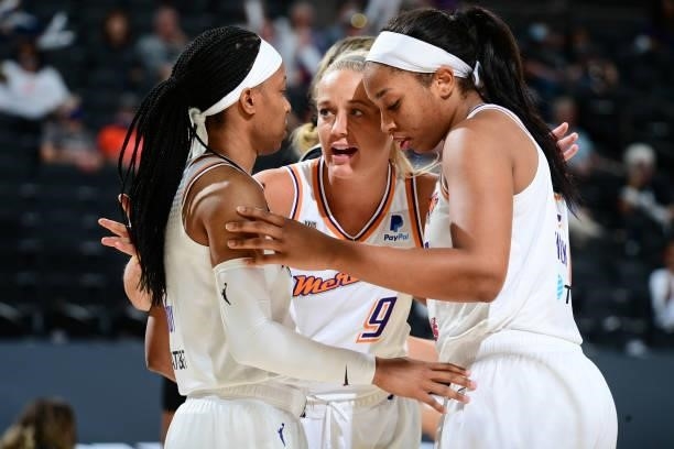 Sophie Cunningham of the Phoenix Mercury talks to her teammates during the game against the New York Liberty on June 13, 2021 at Phoenix Suns Arena...
