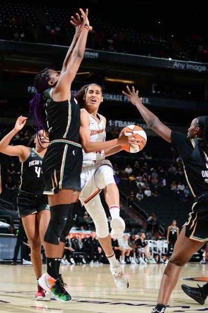 Skylar Diggins-Smith of the Phoenix Mercury drives to the basket against the New York Liberty on June 13, 2021 at Phoenix Suns Arena in Phoenix,...