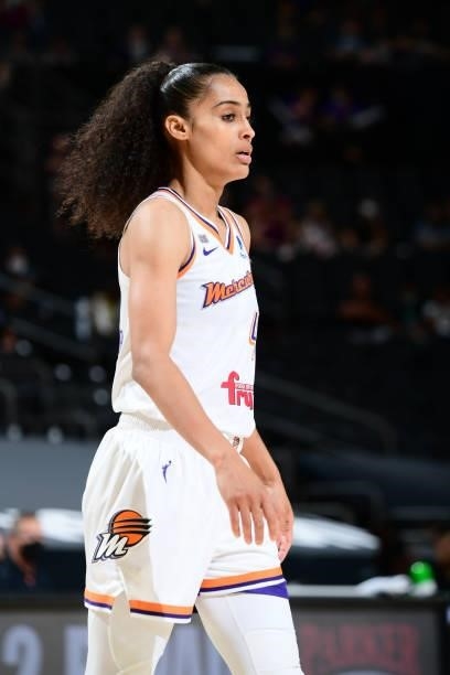 Skylar Diggins-Smith of the Phoenix Mercury looks on during the game against the New York Liberty on June 13, 2021 at Phoenix Suns Arena in Phoenix,...