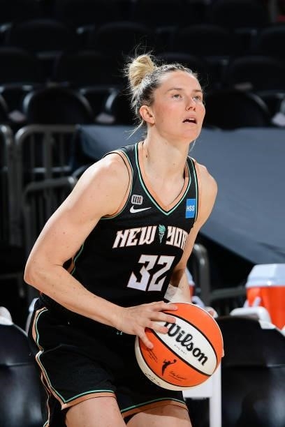 Sami Whitcomb of the New York Liberty shoots the ball against the Phoenix Mercury on June 13, 2021 at Phoenix Suns Arena in Phoenix, Arizona. NOTE TO...