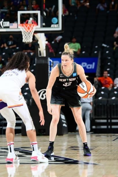 Sami Whitcomb of the New York Liberty handles the ball against the Phoenix Suns on June 13, 2021 at Phoenix Suns Arena in Phoenix, Arizona. NOTE TO...