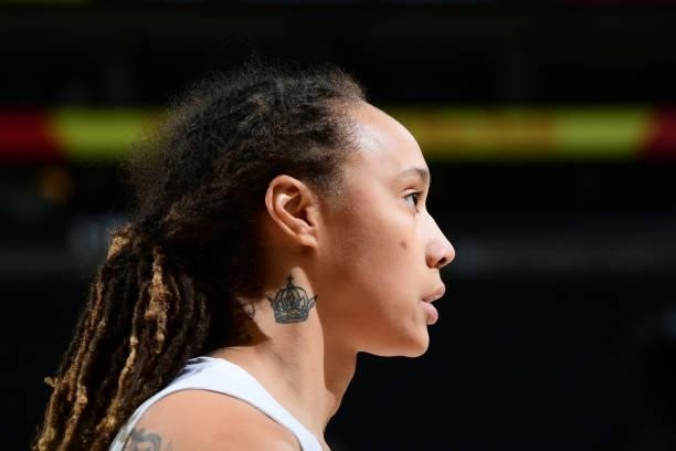 Brittney Griner of the Phoenix Mercury looks on before the game against the New York Liberty on June 13, 2021 at Phoenix Suns Arena in Phoenix,...