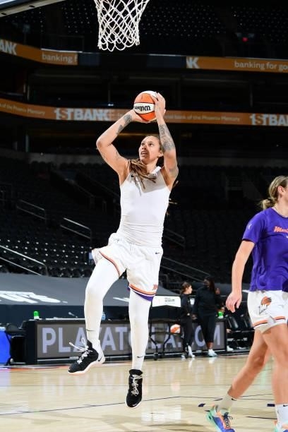 Brittney Griner of the Phoenix Mercury warms up before the game against the New York Liberty on June 13, 2021 at Phoenix Suns Arena in Phoenix,...
