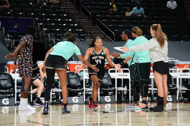 Betnijah Laney of the New York Liberty is introduced before the game against the Phoenix Mercury on June 13, 2021 at Phoenix Suns Arena in Phoenix,...