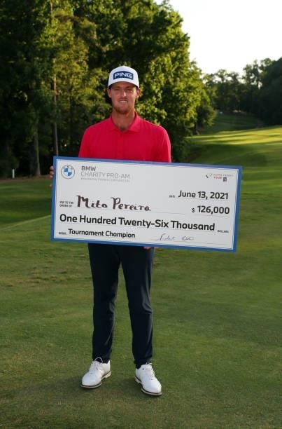 Mito Pereira of Chile holds the championship ceremonial check after winning the BMW Charity Pro-Am presented by Synnex Corporation at the Thornblade...