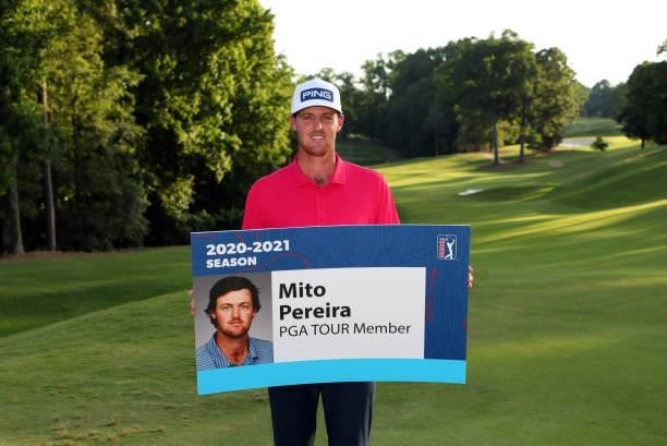 Mito Pereira of Chile holds his PGA Tour member card after winning the BMW Charity Pro-Am presented by Synnex Corporation at the Thornblade Club on...