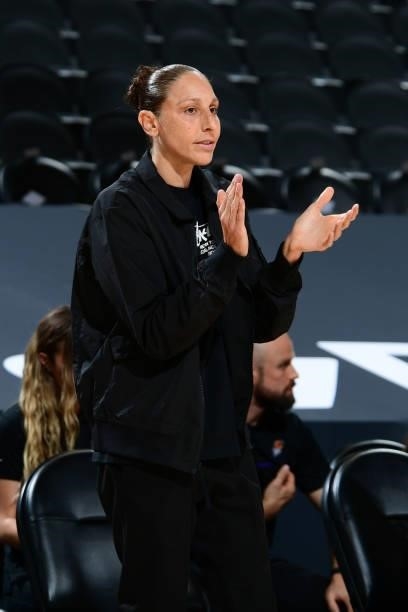 Diana Taurasi of the Phoenix Mercury claps during the game against the New York Liberty on June 13, 2021 at Phoenix Suns Arena in Phoenix, Arizona....