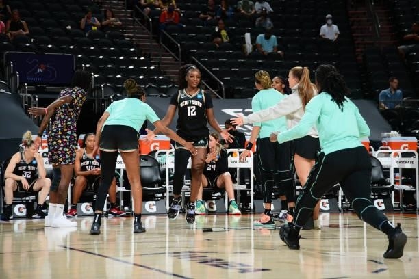Michaela Onyenwere of the New York Liberty is introduced before the game against the Phoenix Mercury on June 13, 2021 at Phoenix Suns Arena in...