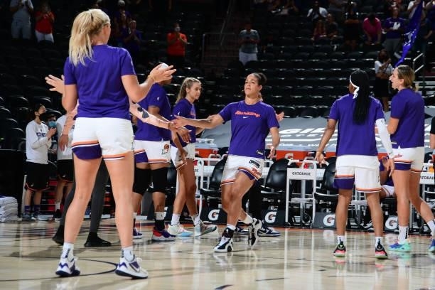 Kia Nurse of the Phoenix Mercury is introduced before the game against the New York Liberty on June 13, 2021 at Phoenix Suns Arena in Phoenix,...
