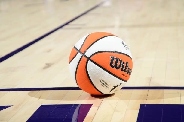 The official game ball of the WNBA pictured during the game on June 13, 2021 at Phoenix Suns Arena in Phoenix, Arizona. NOTE TO USER: User expressly...