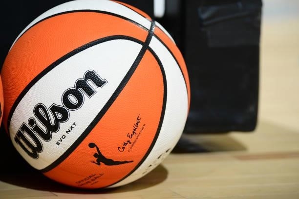 The official game ball of the WNBA pictured before the game on June 13, 2021 at Phoenix Suns Arena in Phoenix, Arizona. NOTE TO USER: User expressly...