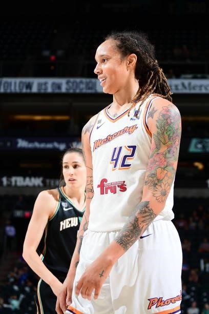 Brittney Griner of the Phoenix Mercury smiles during the game against the New York Liberty on June 13, 2021 at Phoenix Suns Arena in Phoenix,...