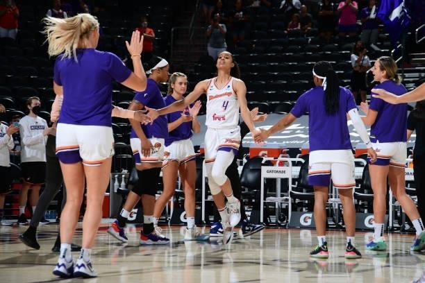 Skylar Diggins-Smith of the Phoenix Mercury is introduced before the game against the New York Liberty on June 13, 2021 at Phoenix Suns Arena in...