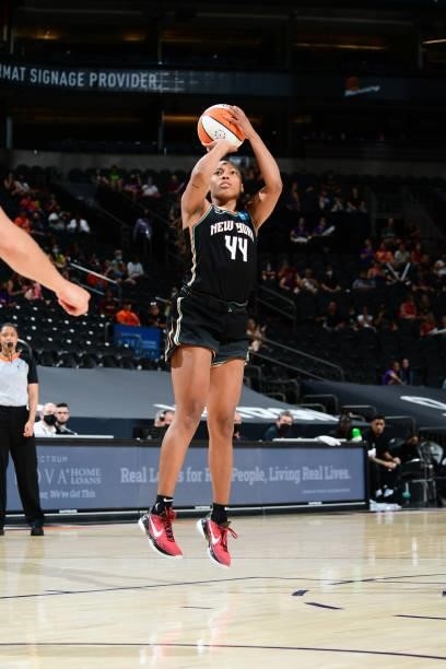 Betnijah Laney of the New York Liberty shoots a 3-pointer during the game against the Phoenix Mercury on June 13, 2021 at Phoenix Suns Arena in...