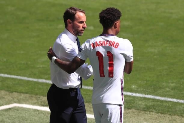 Gareth Southgate, Head Coach of England with Marcus Rashford during the UEFA Euro 2020 Championship Group D match between England and Croatia on June...