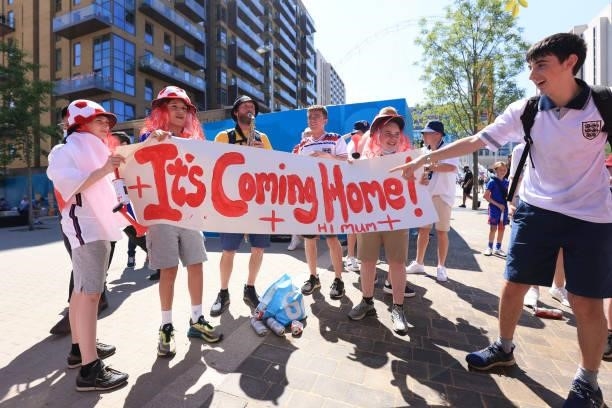 Group of England fans hold a banner reading Its Coming Home prior to the UEFA Euro 2020 Championship Group D match between England and Croatia on...