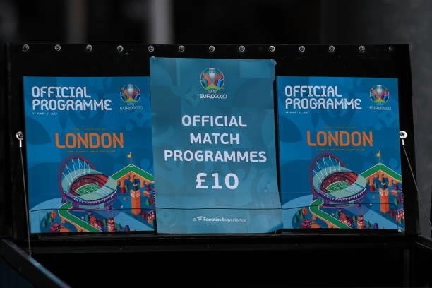 Official match day programmes are seen for sale prior to the UEFA Euro 2020 Championship Group D match between England and Croatia on June 13, 2021...