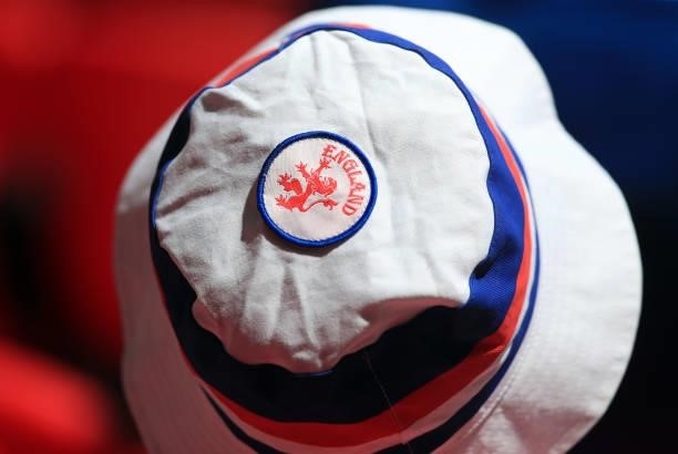 Detailed view of an England fan's hat is seen during the UEFA Euro 2020 Championship Group D match between England and Croatia on June 13, 2021 in...