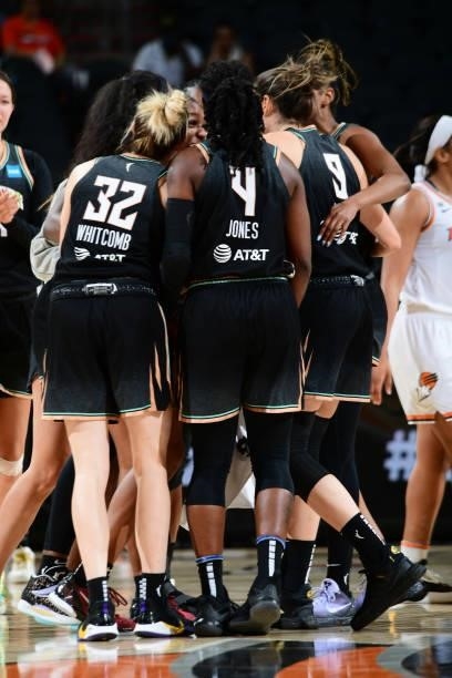 The New York Liberty celebrate after the game against the Phoenix Mercury on June 13, 2021 at Phoenix Suns Arena in Phoenix, Arizona. NOTE TO USER:...
