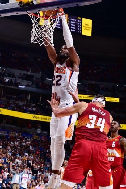 Deandre Ayton of the Phoenix Suns dunks the ball against the Denver Nuggets during Round 2, Game 4 of the 2021 NBA Playoffs on June 13, 2021 at the...