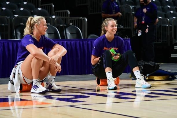 Sophie Cunningham and Haley Gorecki of the Phoenix Mercury talk before the game against the New York Liberty Arena in Phoenix, Arizona. NOTE TO USER:...