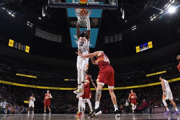 Deandre Ayton of the Phoenix Suns dunks the ball during the game against the Denver Nuggets during Round 2, Game 4 of the 2021 NBA Playoffs on June...