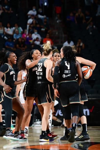 The New York Liberty celebrate after the game against the Phoenix Mercury on June 13, 2021 at Phoenix Suns Arena in Phoenix, Arizona. NOTE TO USER:...