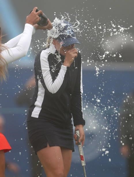 Matilda Castren of Finland celebrates on the 18th hole after winning the final round of the LPGA Mediheal Championship at Lake Merced Golf Club on...