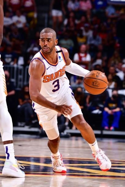 Chris Paul of the Phoenix Suns drives to the basket against the Denver Nuggets during Round 2, Game 4 of the 2021 NBA Playoffs on June 13, 2021 at...