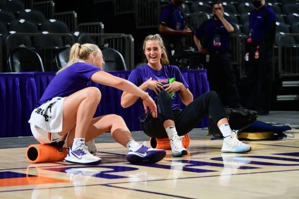 Sophie Cunningham and Haley Gorecki of the Phoenix Mercury talk before the game against the New York Liberty Arena in Phoenix, Arizona. NOTE TO USER:...