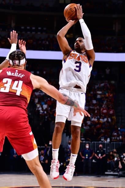 Chris Paul of the Phoenix Suns shoots the ball against the Denver Nuggets during Round 2, Game 4 of the 2021 NBA Playoffs on June 13, 2021 at the...