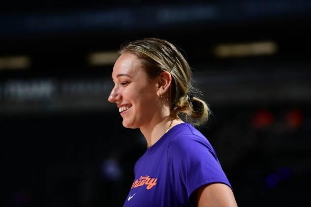 Alanna Smith of the Phoenix Mercury smiles before the game against the New York Liberty on June 13, 2021 at Phoenix Suns Arena in Phoenix, Arizona....