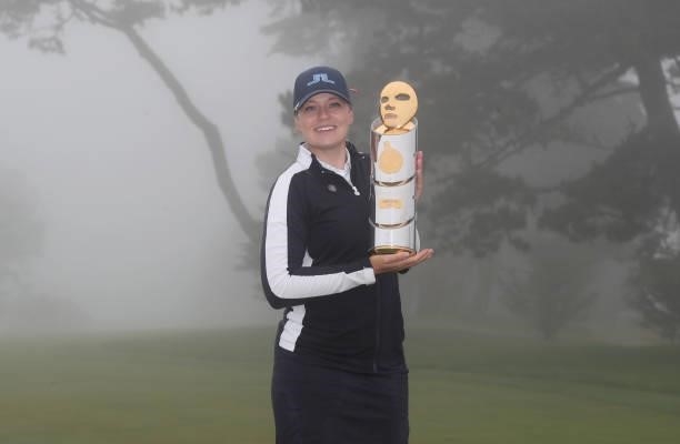 Matilda Castren of Finland celebrates with the trophy after winning the final round of the LPGA Mediheal Championship at Lake Merced Golf Club on...