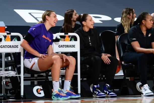 Alanna Smith and Diana Taurasi of the Phoenix Mercury smile during the game against the New York Liberty on June 13, 2021 at Phoenix Suns Arena in...