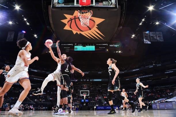 Brittney Griner of the Phoenix Mercury shoots the ball against the New York Liberty on June 13, 2021 at Phoenix Suns Arena in Phoenix, Arizona. NOTE...