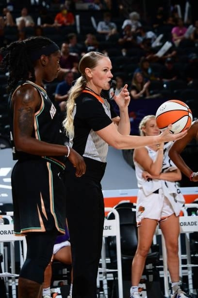 Referee, Tiffany Bird hands off the ball during the game between the New York Liberty and the Phoenix Mercury on June 13, 2021 at Phoenix Suns Arena...