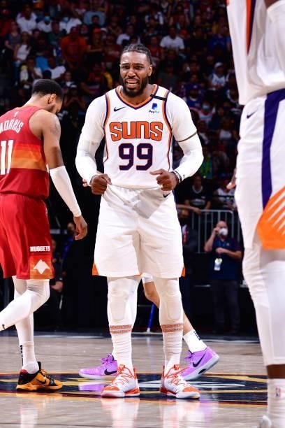 Jae Crowder of the Phoenix Suns celebrates during Round 2, Game 4 of the 2021 NBA Playoffs on June 13, 2021 at the Ball Arena in Denver, Colorado....