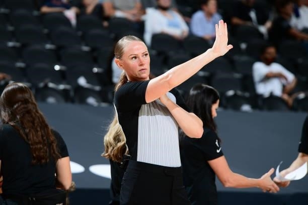 Referee, Tiffany Bird makes a call during the game between the New York Liberty and the Phoenix Mercury on June 13, 2021 at Phoenix Suns Arena in...