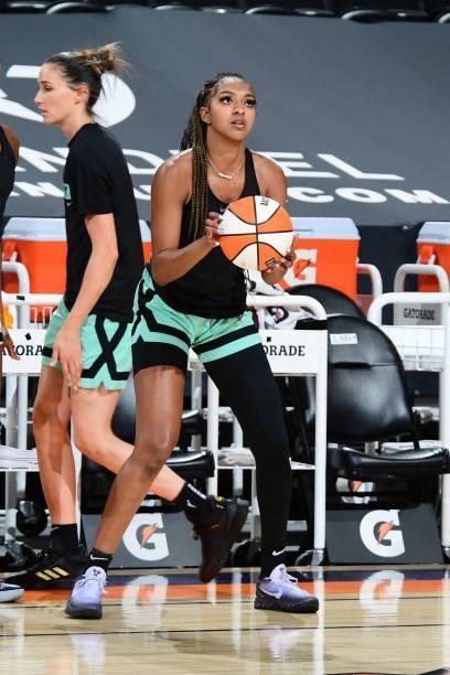 DiDi Richards of the New York Liberty warms up before the game against the Phoenix Mercury on June 13, 2021 at Phoenix Suns Arena in Phoenix,...