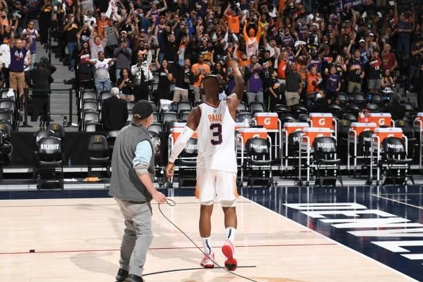 Chris Paul of the Phoenix Suns waves to fans after the game against the Denver Nuggets during Round 2, Game 4 of the 2021 NBA Playoffs on June 13,...