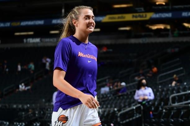 Haley Gorecki of the Phoenix Mercury smiles before the game against the New York Liberty on June 13, 2021 at Phoenix Suns Arena in Phoenix, Arizona....