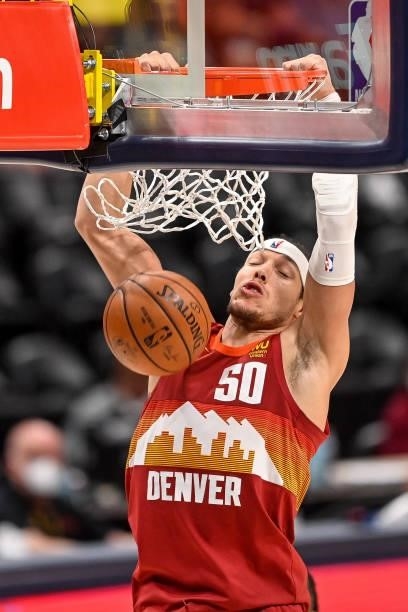 Aaron Gordon of the Denver Nuggets scores on a slam dunk against the Phoenix Suns in Game Four of the Western Conference second-round playoff series...