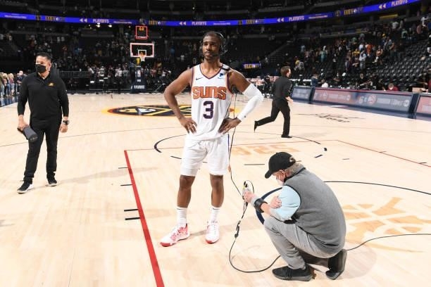 Chris Paul of the Phoenix Suns is interviewed after the game against the Denver Nuggets during Round 2, Game 4 of the 2021 NBA Playoffs on June 13,...