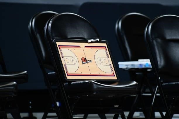 The Phoenix Mercury dry erase board sits on a bench during the game against the New York Liberty on June 13, 2021 at Phoenix Suns Arena in Phoenix,...