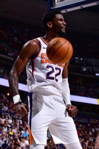 Deandre Ayton of the Phoenix Suns celebrates during Round 2, Game 4 of the 2021 NBA Playoffs on June 13, 2021 at the Ball Arena in Denver, Colorado....