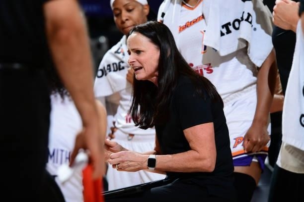 Head Coach, Sandy Brondello of the Phoenix Mercury talks to her team during the game against the New York Liberty on June 13, 2021 at Phoenix Suns...