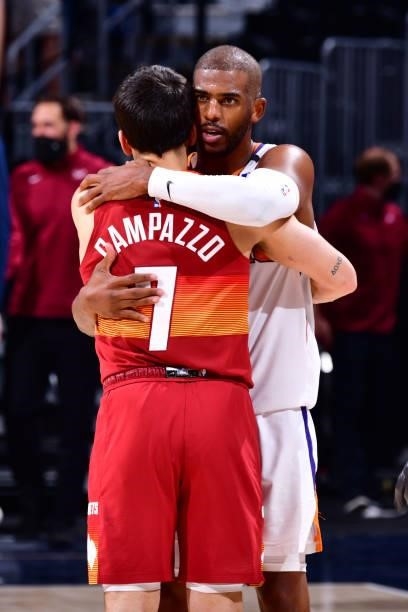 Chris Paul of the Phoenix Suns hugs Facundo Campazzo of the Denver Nuggets after the game during Round 2, Game 4 of the 2021 NBA Playoffs on June 13,...