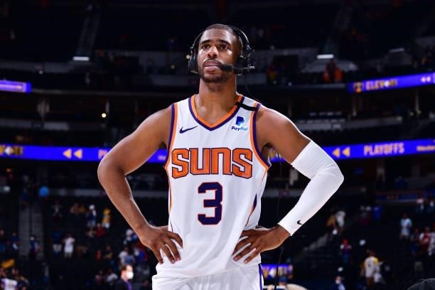 Chris Paul of the Phoenix Suns is interviewed after the game against the Denver Nuggets during Round 2, Game 4 of the 2021 NBA Playoffs on June 13,...