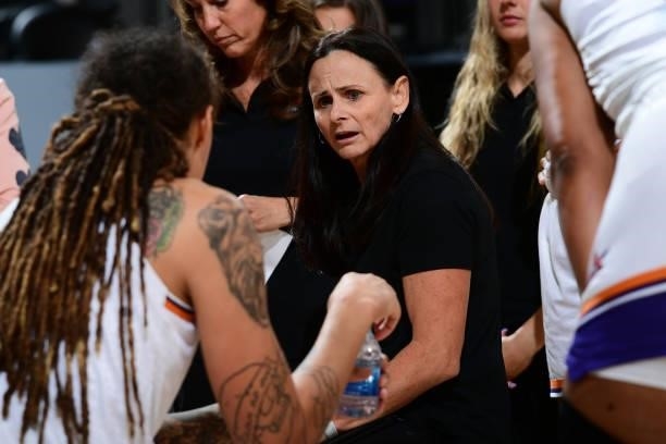 Head Coach, Sandy Brondello of the Phoenix Mercury talks to a player during the game against the New York Liberty on June 13, 2021 at Phoenix Suns...
