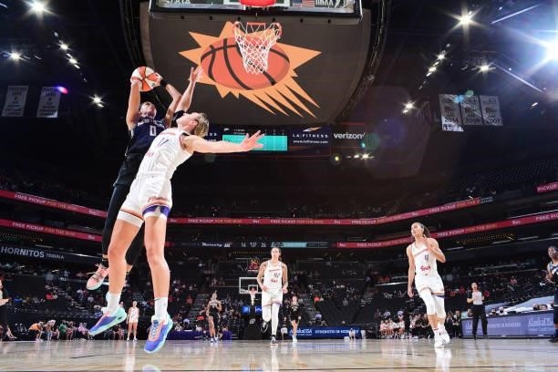 Leaonna Odom of the New York Liberty shoots the ball against the Phoenix Mercury on June 13, 2021 at Phoenix Suns Arena in Phoenix, Arizona. NOTE TO...